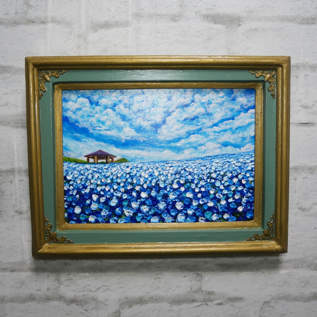 【油絵 原画】ネモフィラの花畑 海の中道「100万本の青」絵画 インテリア