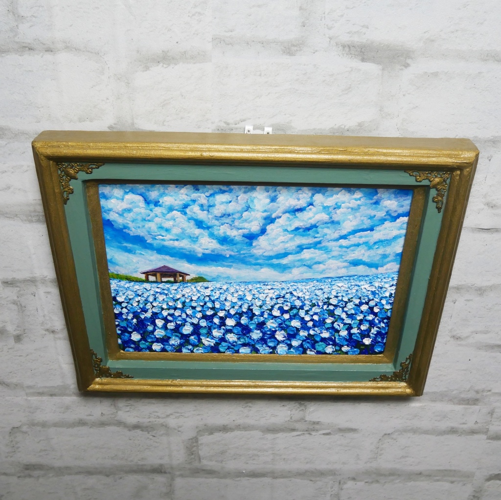 【油絵 原画】ネモフィラの花畑 海の中道「100万本の青」絵画 インテリア