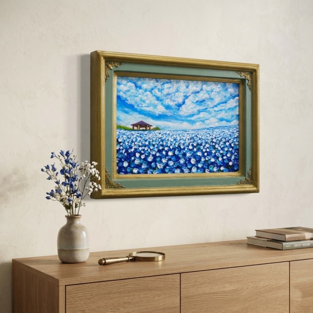 【油絵 原画】ネモフィラの花畑 海の中道「100万本の青」絵画 インテリア