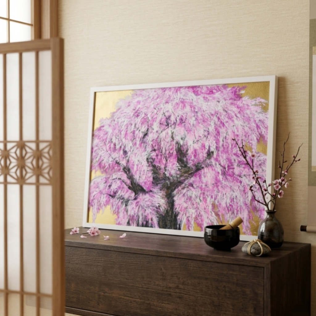 【油絵/一点物】至福の輝き『黄金に輝く桜の大樹』