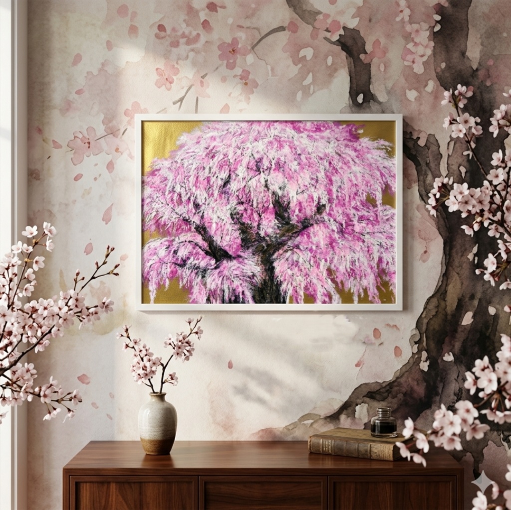 【油絵/一点物】至福の輝き『黄金に輝く桜の大樹』 