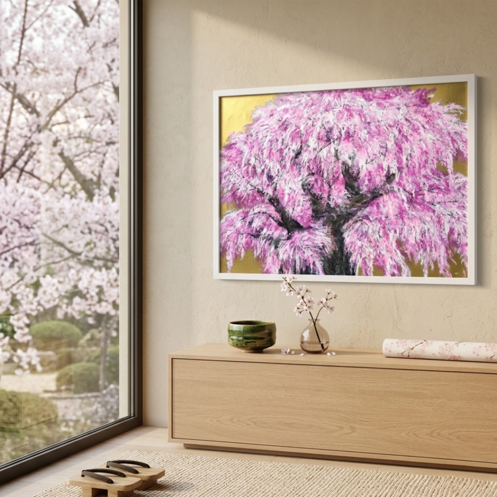 【油絵/一点物】至福の輝き『黄金に輝く桜の大樹』