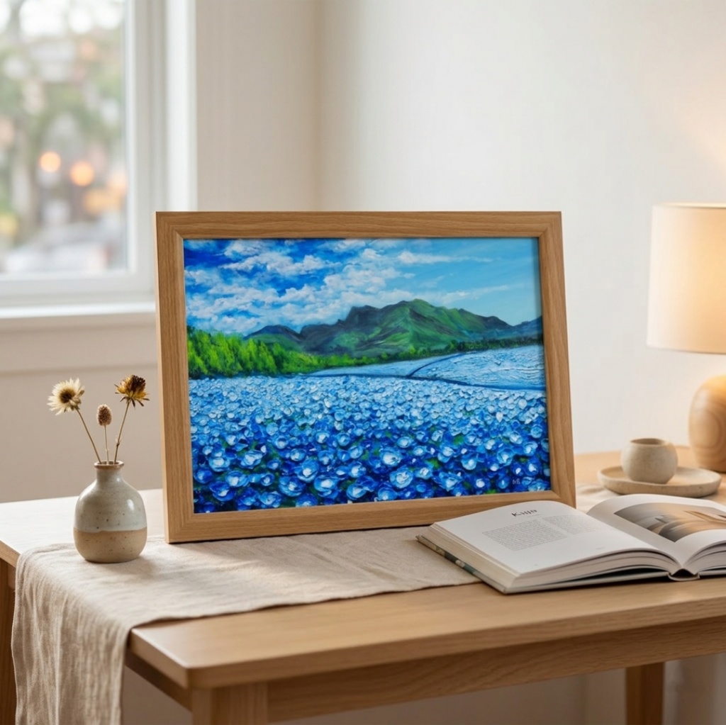 油彩画【幸せを運ぶネモフィラの花園】原画一点物・インテリア・ギフト・ラッピング