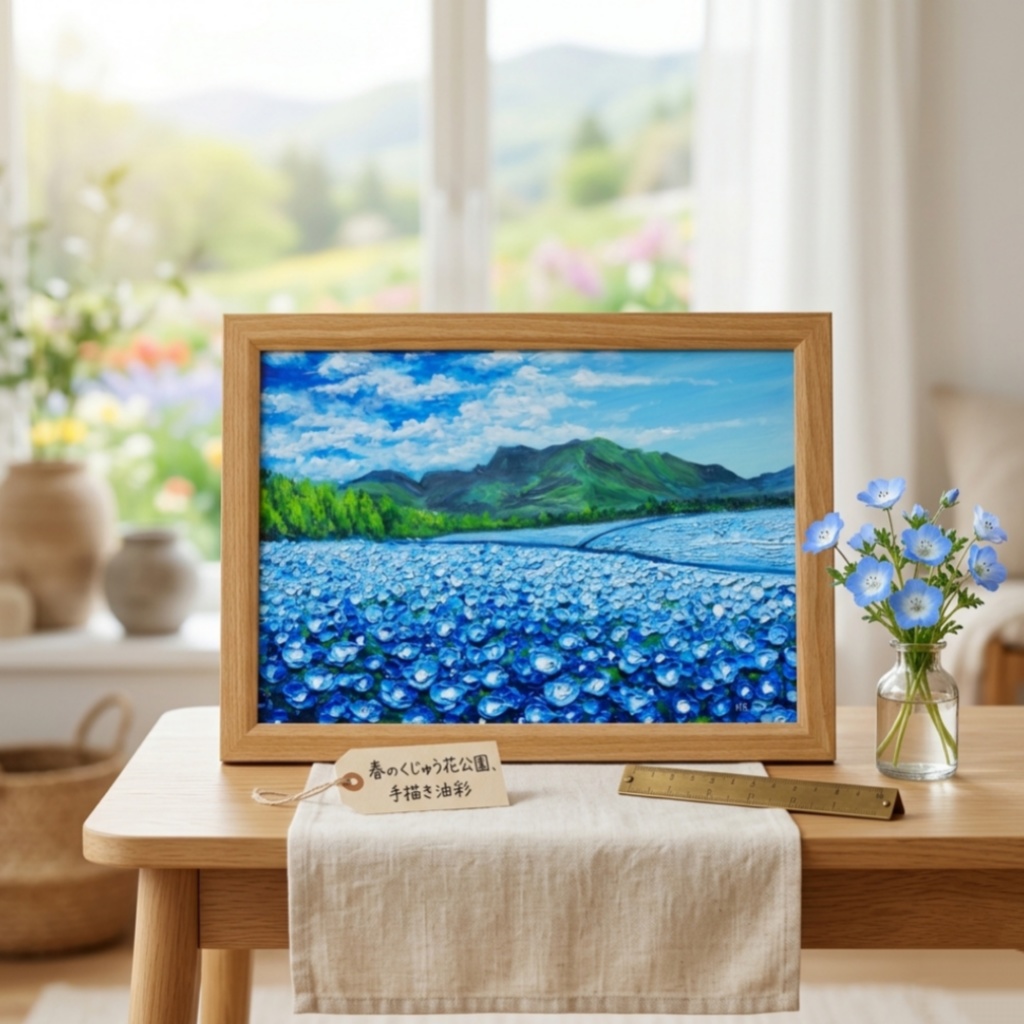 油彩画【幸せを運ぶネモフィラの花園】原画一点物・インテリア・ギフト・ラッピング