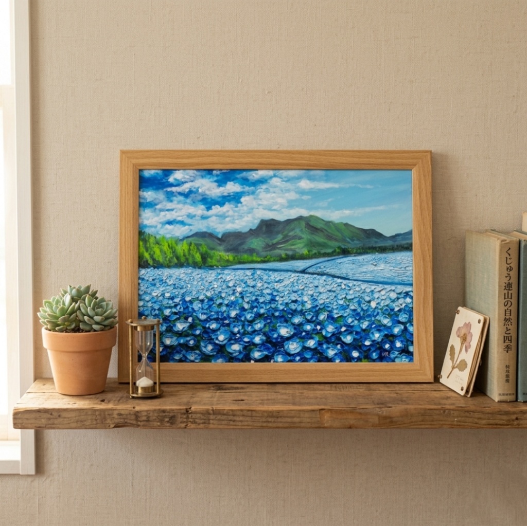 油彩画【幸せを運ぶネモフィラの花園】原画一点物・インテリア・ギフト・ラッピング