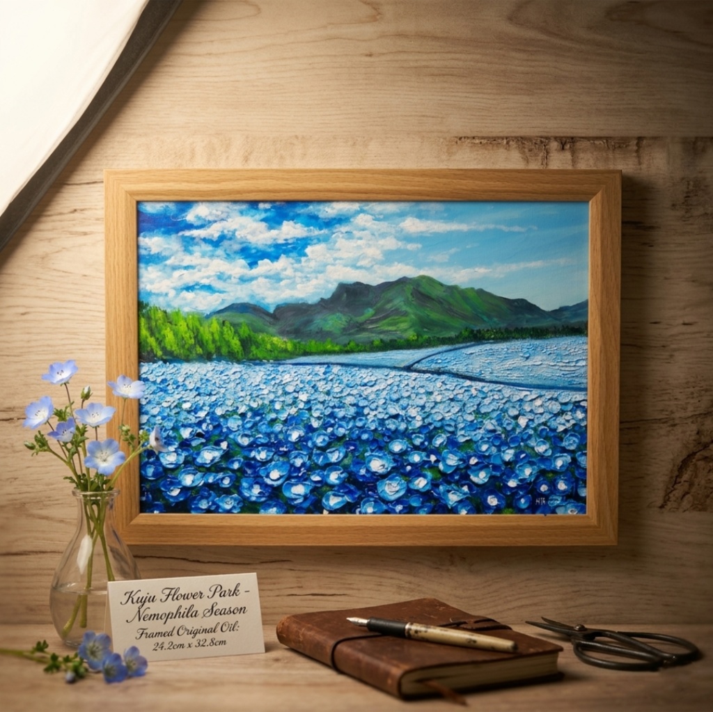 油彩画【幸せを運ぶネモフィラの花園】原画一点物・インテリア・ギフト・ラッピング