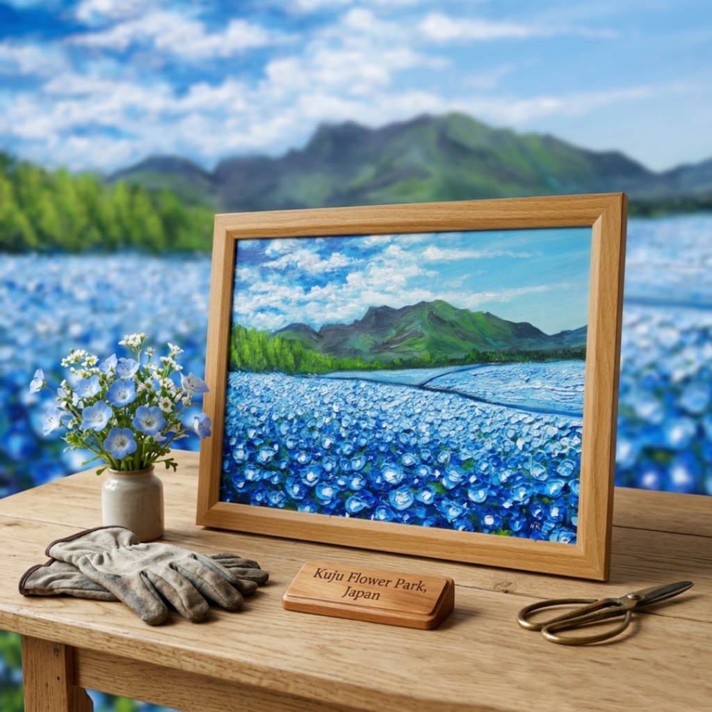 油彩画【幸せを運ぶネモフィラの花園】原画一点物・インテリア・ギフト・ラッピング
