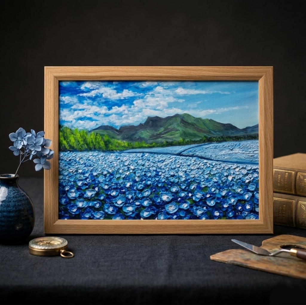 油彩画【幸せを運ぶネモフィラの花園】原画一点物・インテリア・ギフト・ラッピング