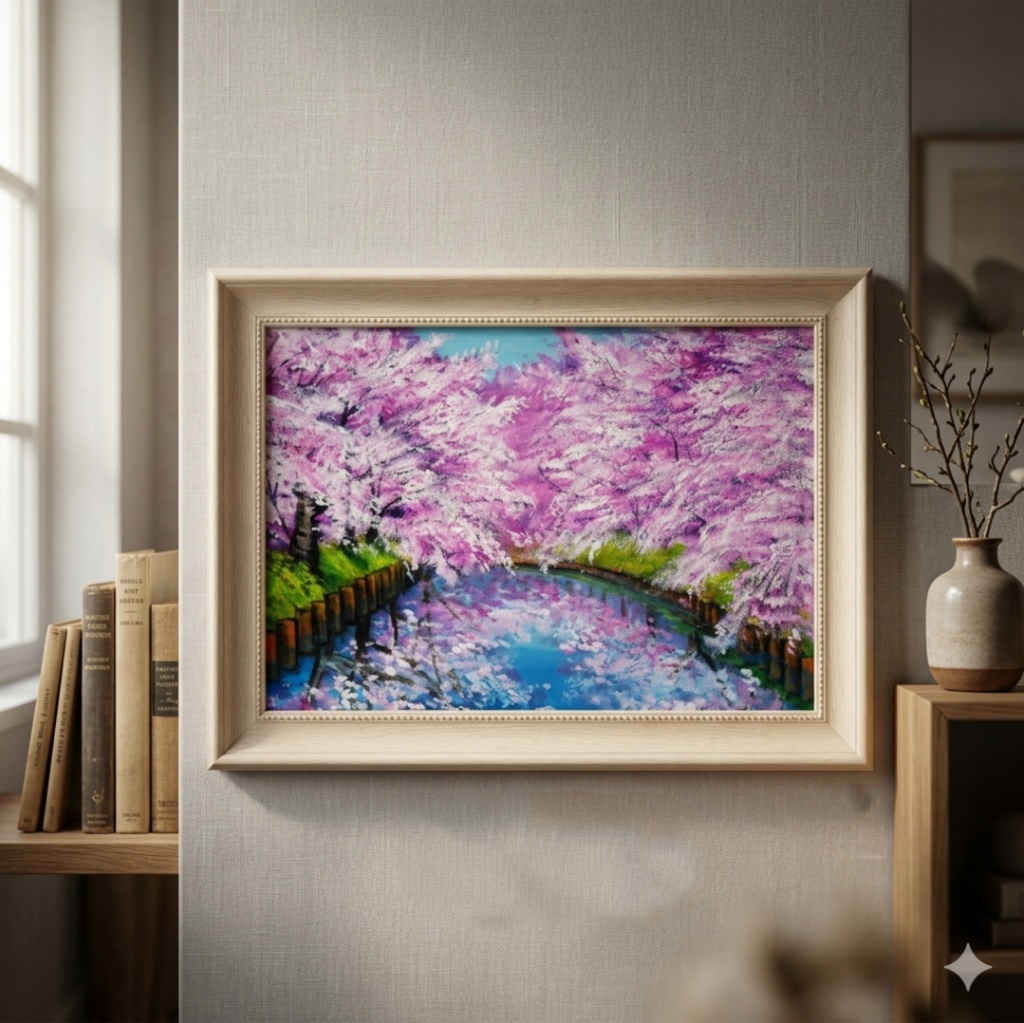 一点物 油絵 原画【春の目覚め ~水面に映る夢~】風景画 油彩画 青 アート 抽象画 モダンインテリア