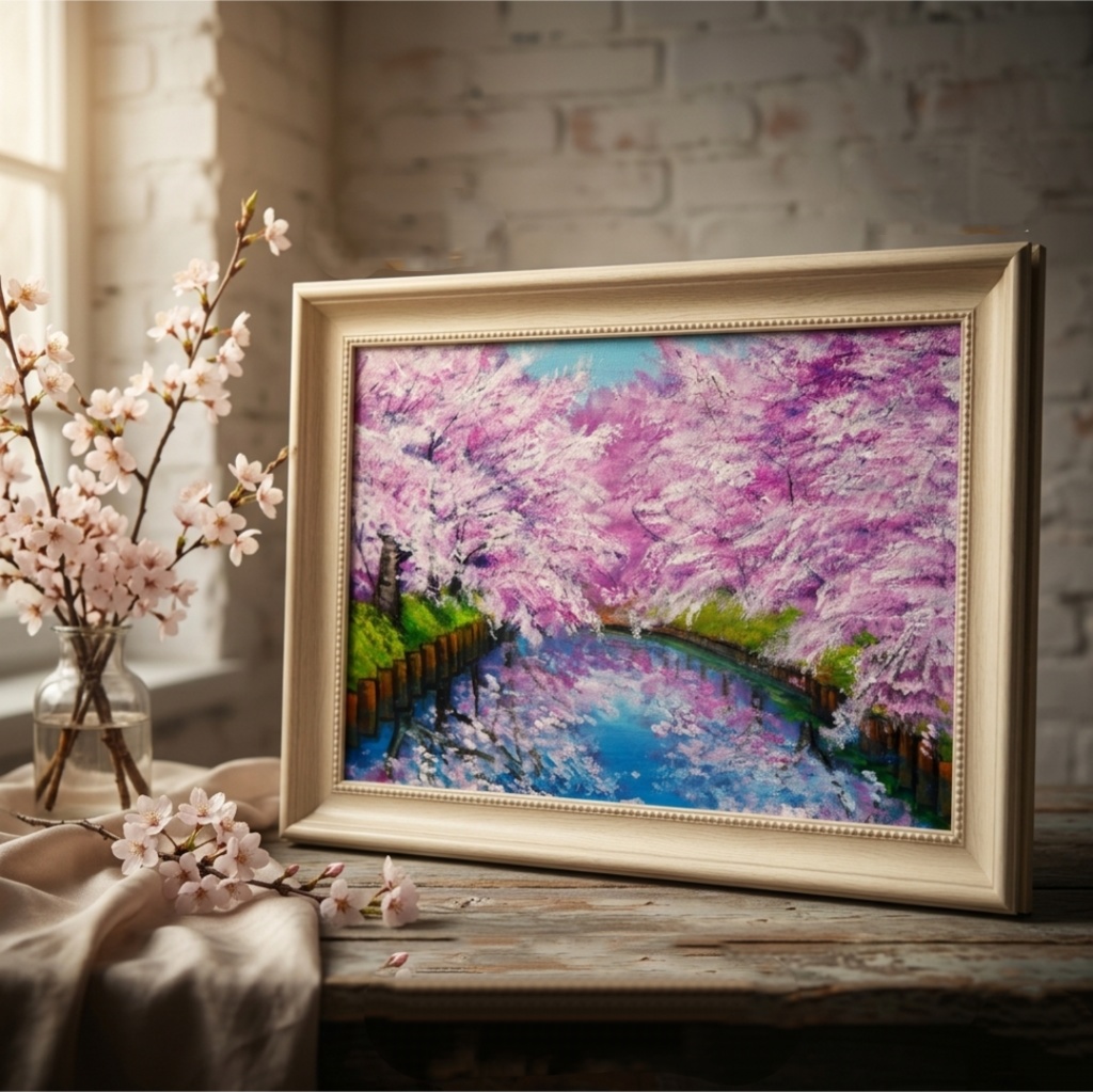 一点物 油絵 原画【春の目覚め ~水面に映る夢~】風景画 油彩画 青 アート 抽象画 モダンインテリア