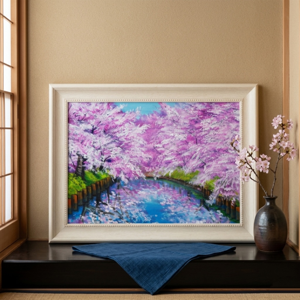 一点物 油絵 原画【春の目覚め ~水面に映る夢~】風景画 油彩画 青 アート 抽象画 モダンインテリア