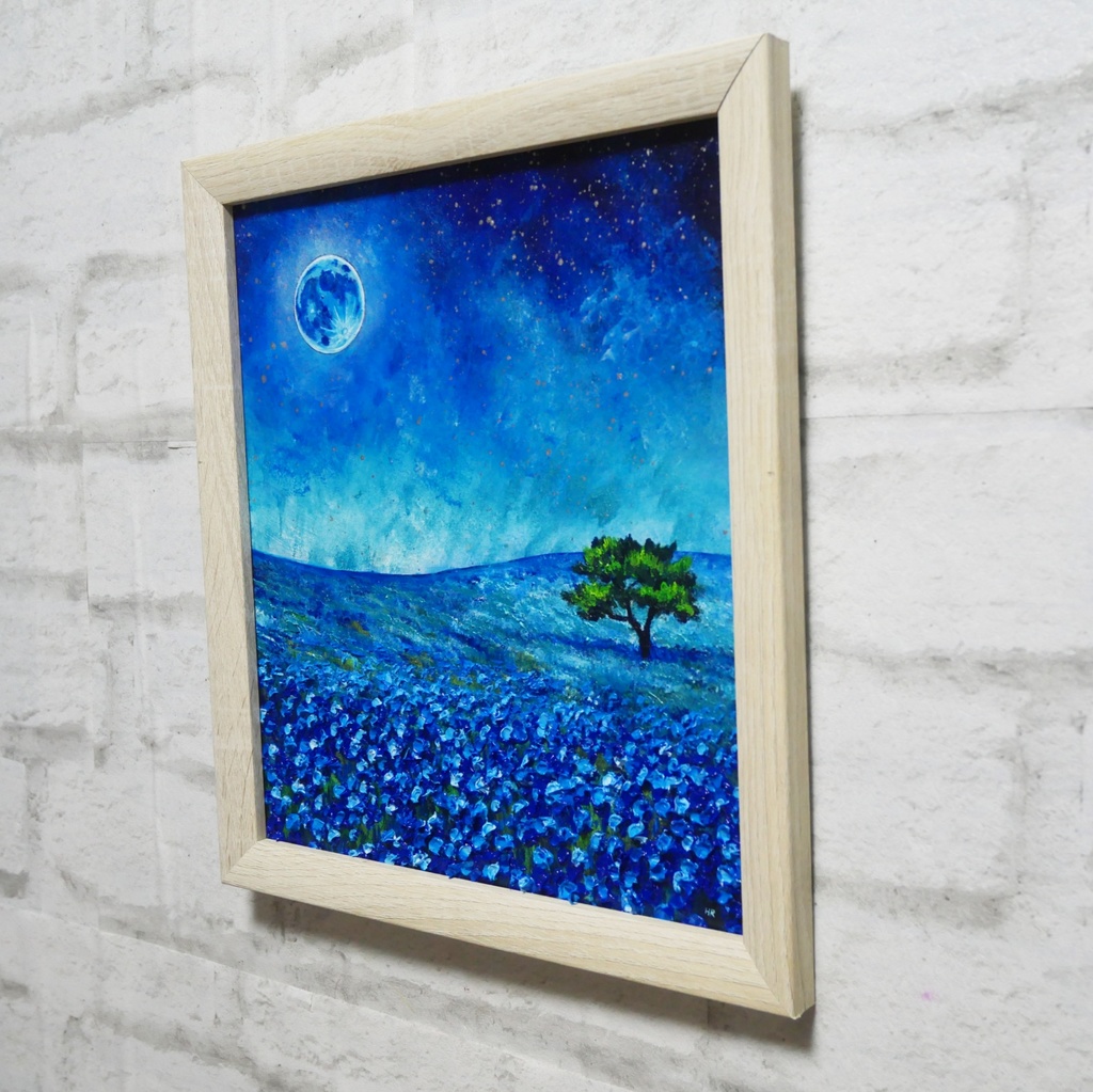 油彩画 原画【蒼に溶ける月夜】抽象画 青 油絵 絵画 モダン インテリア アートパネル おしゃれ 一点物 プレゼント