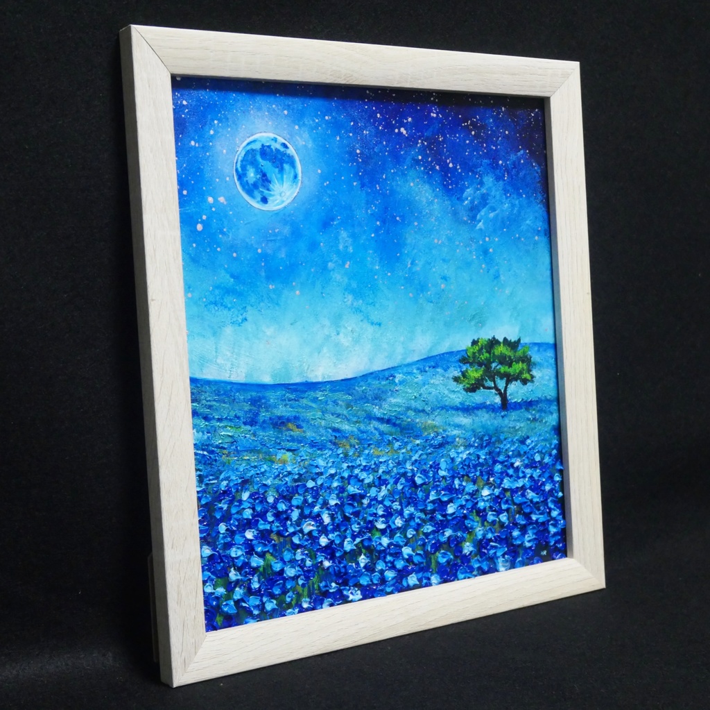 油彩画 原画【蒼に溶ける月夜】抽象画 青 油絵 絵画 モダン インテリア アートパネル おしゃれ 一点物 プレゼント
