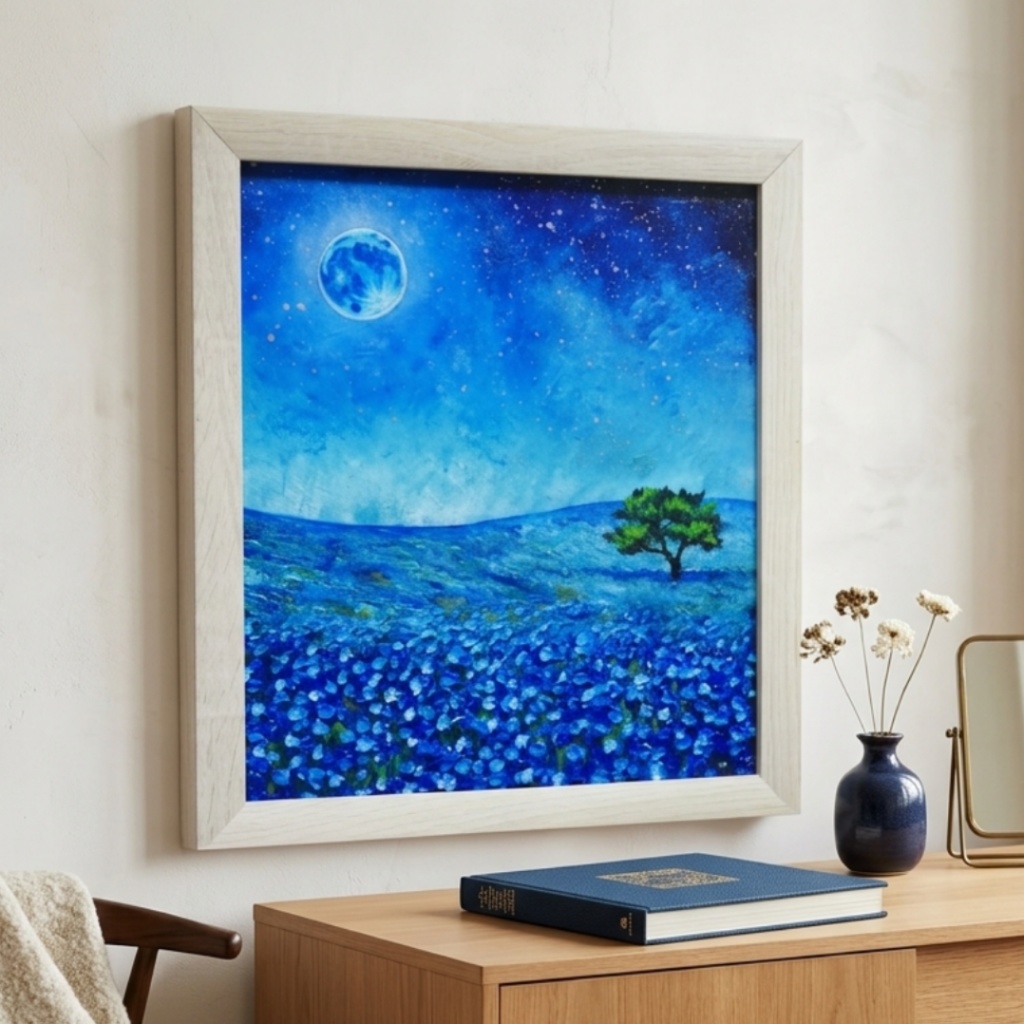 油彩画 原画【蒼に溶ける月夜】抽象画 青 油絵 絵画 モダン インテリア アートパネル おしゃれ 一点物 プレゼント