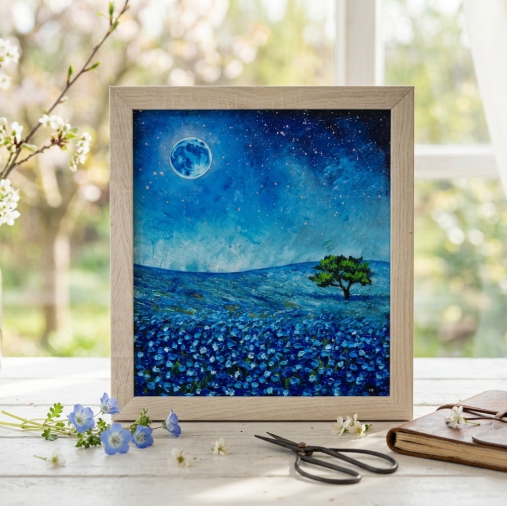 油彩画 原画【蒼に溶ける月夜】抽象画 青 油絵 絵画 モダン インテリア アートパネル おしゃれ 一点物 プレゼント