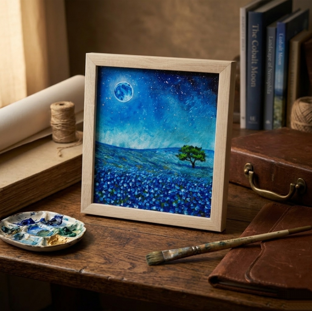油彩画 原画【蒼に溶ける月夜】抽象画 青 油絵 絵画 モダン インテリア アートパネル おしゃれ 一点物 プレゼント