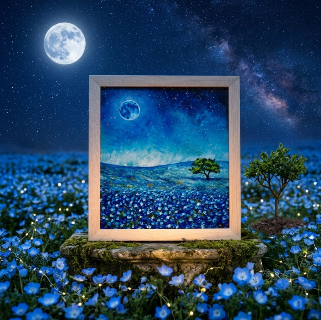 油彩画 原画【蒼に溶ける月夜】抽象画 青 油絵 絵画 モダン インテリア アートパネル おしゃれ 一点物 プレゼント