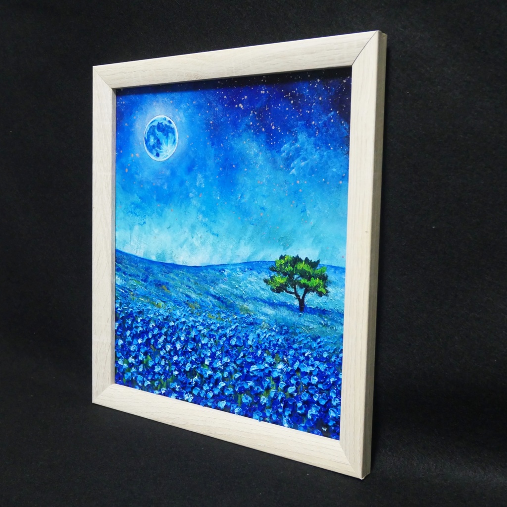 油彩画 原画【蒼に溶ける月夜】抽象画 青 油絵 絵画 モダン インテリア アートパネル おしゃれ 一点物 プレゼント