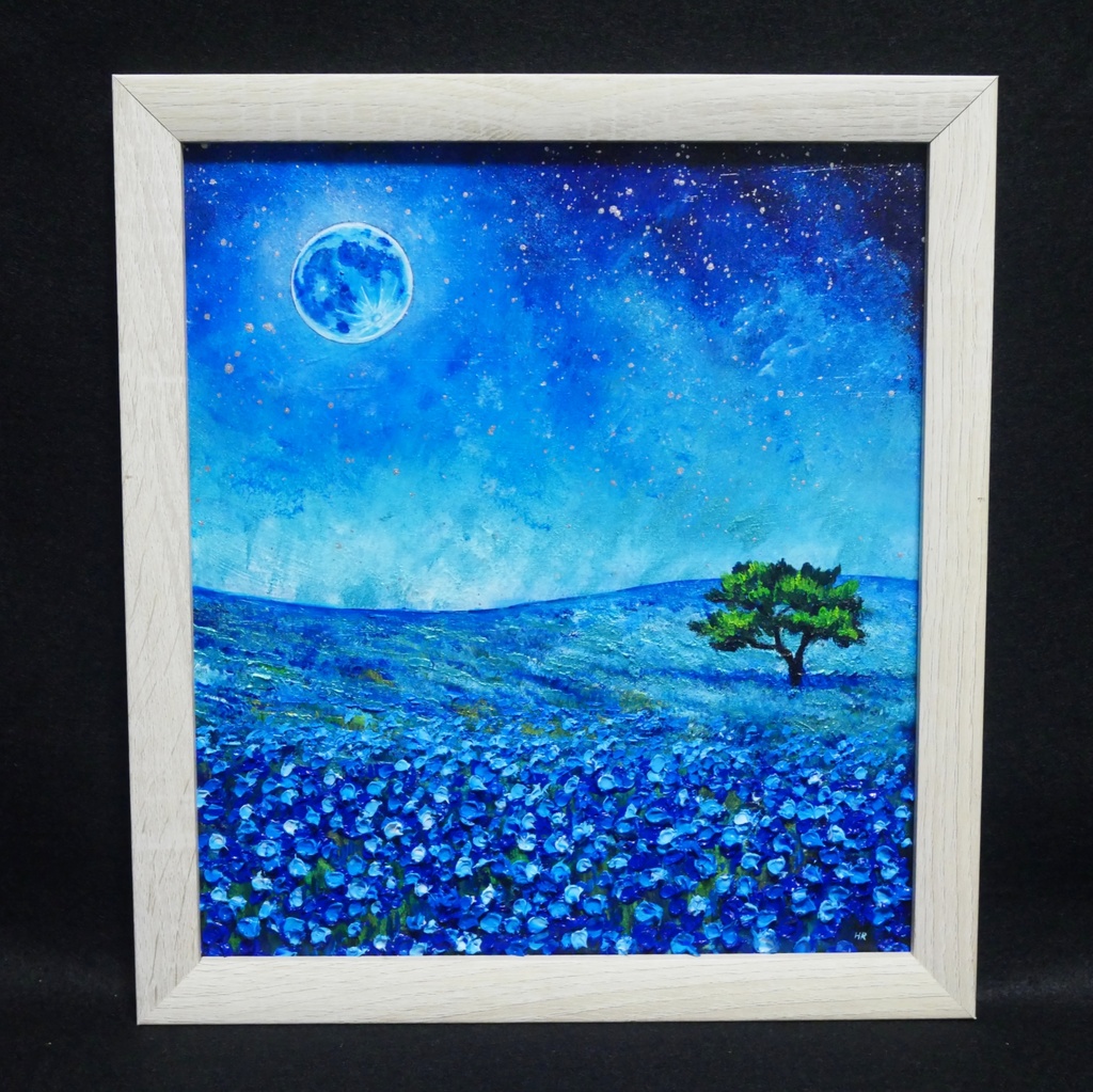 油彩画 原画【蒼に溶ける月夜】抽象画 青 油絵 絵画 モダン インテリア アートパネル おしゃれ 一点物 プレゼント