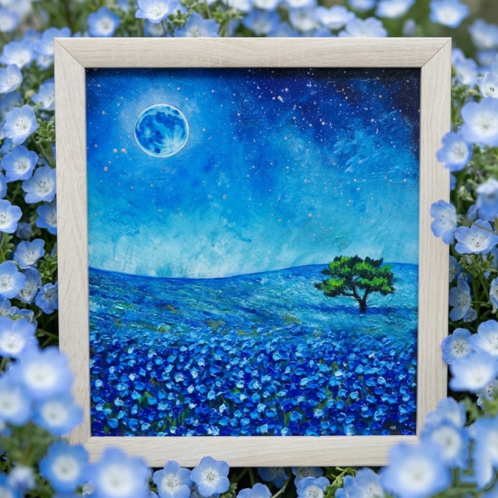 油彩画 原画【蒼に溶ける月夜】抽象画 青 油絵 絵画 モダン インテリア アートパネル おしゃれ 一点物 プレゼント