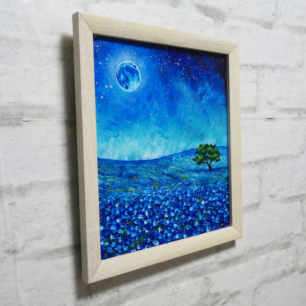 油彩画 原画【蒼に溶ける月夜】抽象画 青 油絵 絵画 モダン インテリア アートパネル おしゃれ 一点物 プレゼント