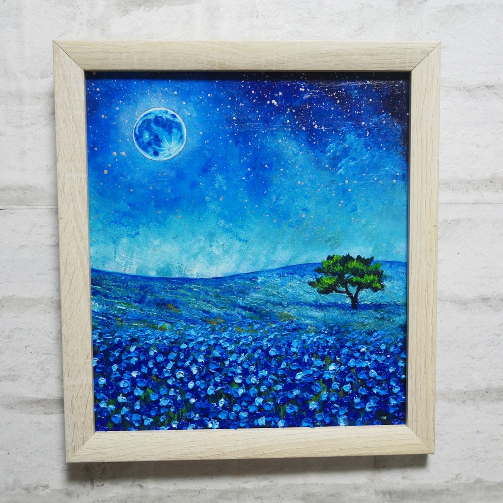 油彩画 原画【蒼に溶ける月夜】抽象画 青 油絵 絵画 モダン インテリア アートパネル おしゃれ 一点物 プレゼント