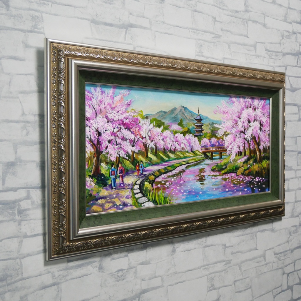 【桜舞う水辺の散歩道】|油彩画 原画 青 抽象画 モダン インテリア おしゃれ 一点物 プレゼント 絵画 壁掛け ギフト