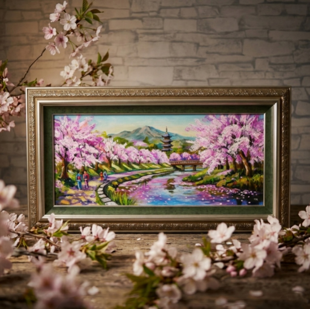 【桜舞う水辺の散歩道】|油彩画 原画 青 抽象画 モダン インテリア おしゃれ 一点物 プレゼント 絵画 壁掛け ギフト