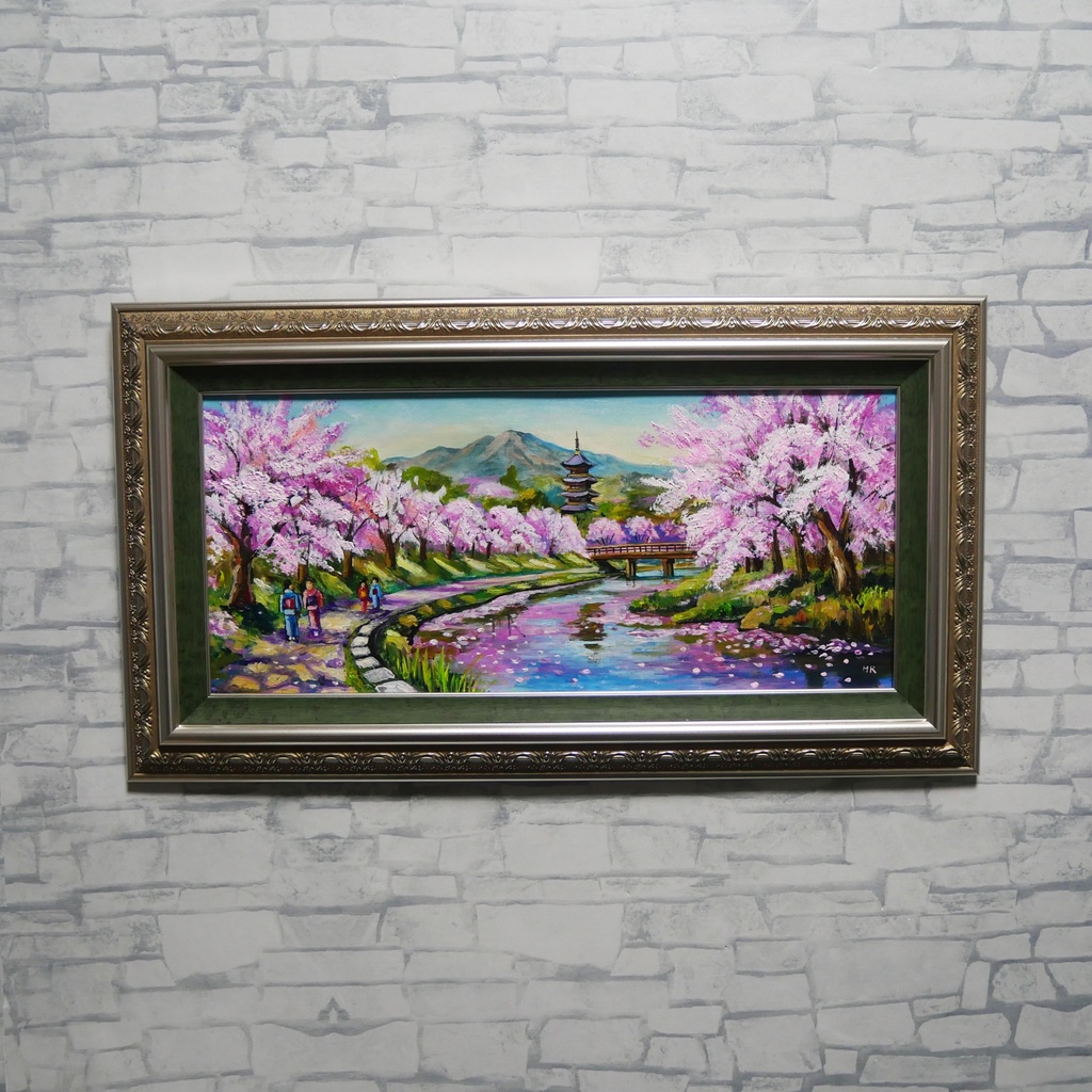 【桜舞う水辺の散歩道】|油彩画 原画 青 抽象画 モダン インテリア おしゃれ 一点物 プレゼント 絵画 壁掛け ギフト