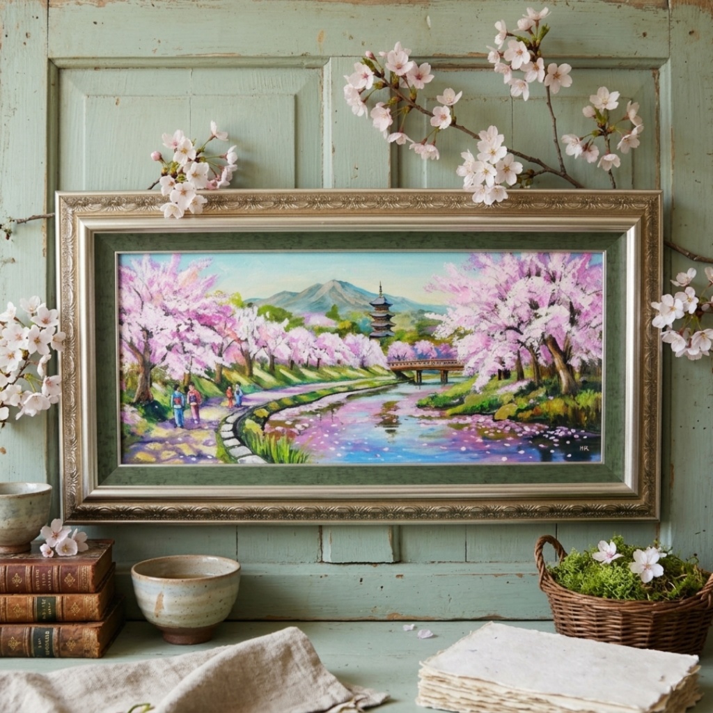 【桜舞う水辺の散歩道】|油彩画 原画 青 抽象画 モダン インテリア おしゃれ 一点物 プレゼント 絵画 壁掛け ギフト