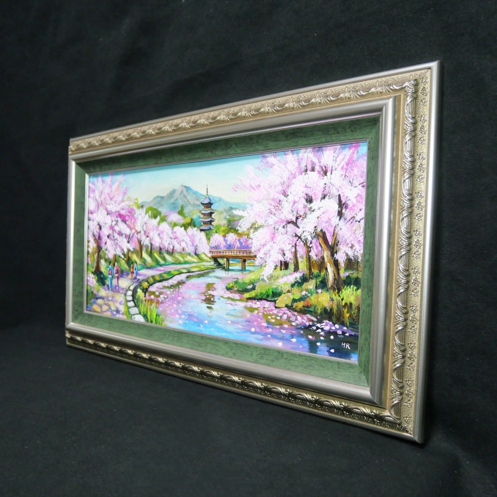 【桜舞う水辺の散歩道】|油彩画 原画 青 抽象画 モダン インテリア おしゃれ 一点物 プレゼント 絵画 壁掛け ギフト