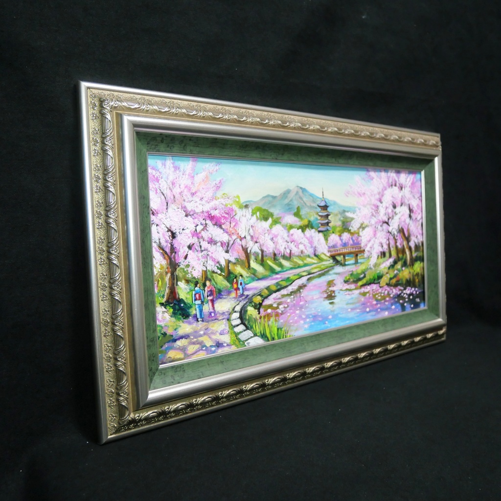 【桜舞う水辺の散歩道】|油彩画 原画 青 抽象画 モダン インテリア おしゃれ 一点物 プレゼント 絵画 壁掛け ギフト