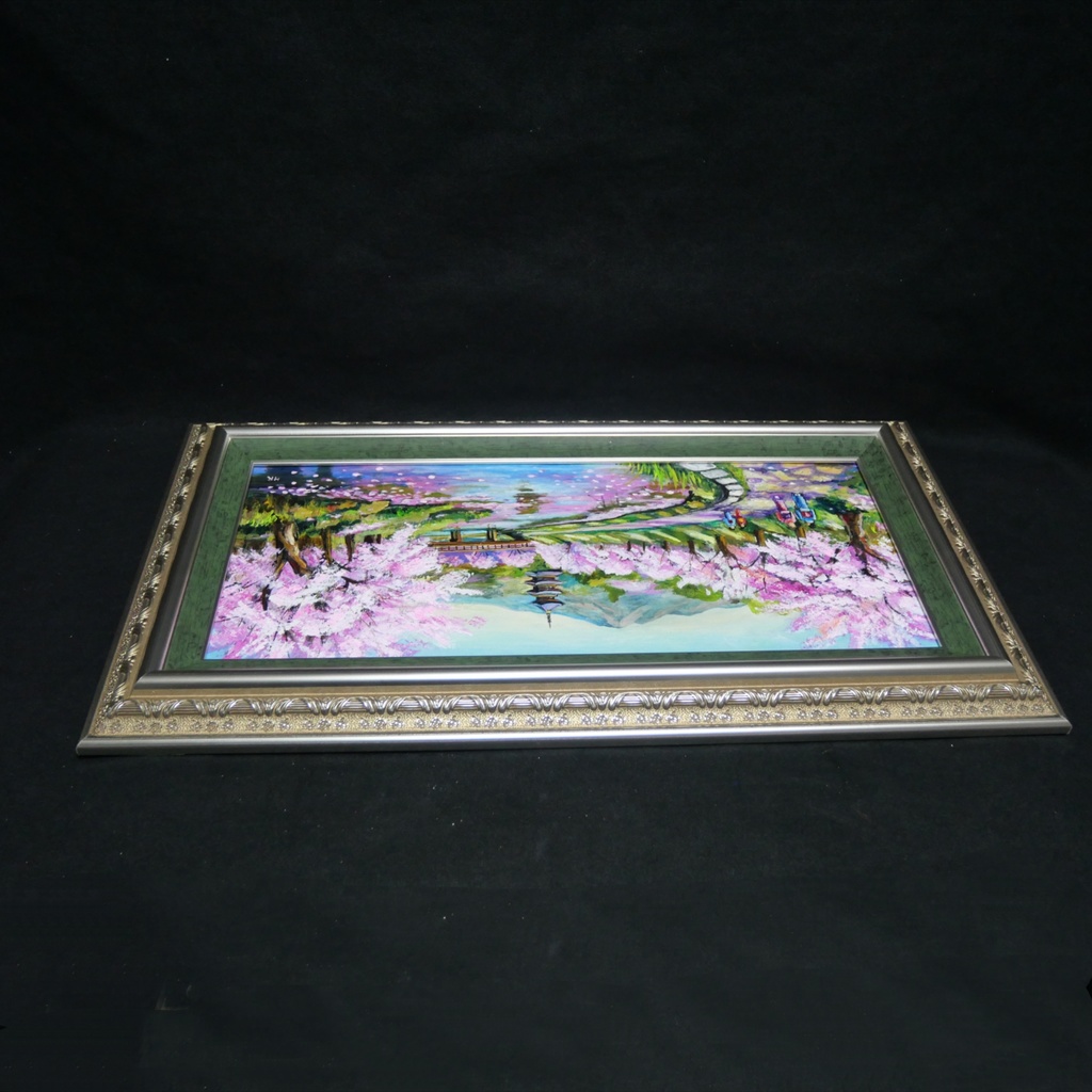 【桜舞う水辺の散歩道】|油彩画 原画 青 抽象画 モダン インテリア おしゃれ 一点物 プレゼント 絵画 壁掛け ギフト