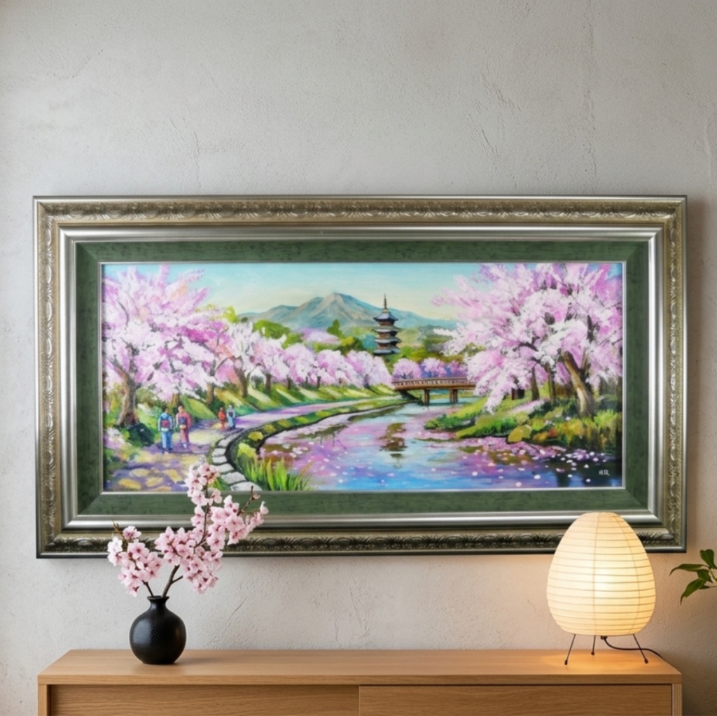 【桜舞う水辺の散歩道】|油彩画 原画 青 抽象画 モダン インテリア おしゃれ 一点物 プレゼント 絵画 壁掛け ギフト