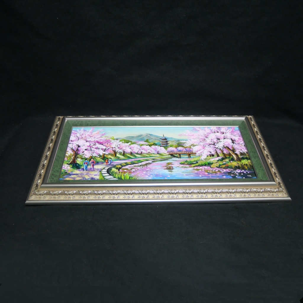 【桜舞う水辺の散歩道】|油彩画 原画 青 抽象画 モダン インテリア おしゃれ 一点物 プレゼント 絵画 壁掛け ギフト