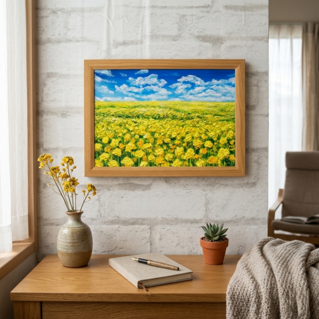 【原画】幸せの黄色い絨毯 | 菜の花の油絵 インテリア モダンアート