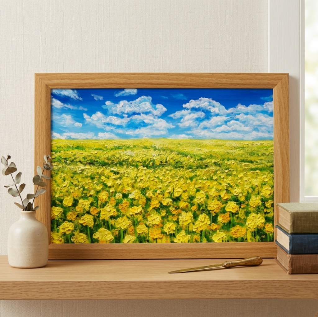 【原画】幸せの黄色い絨毯 ｜ 菜の花の油絵 インテリア モダンアート