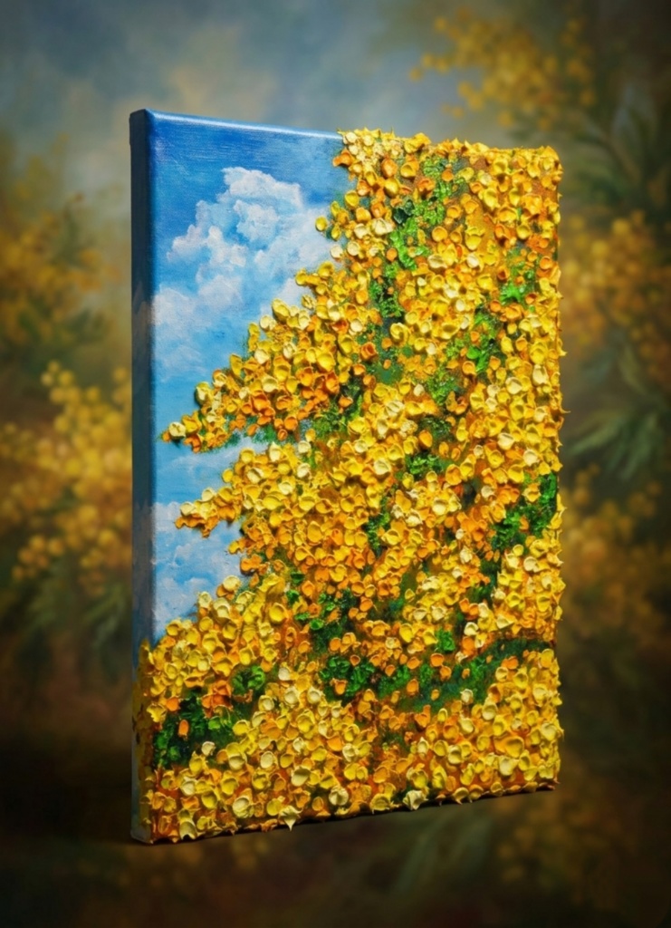 F4号油絵 原画【風とはずむミモザ】春を告げる黄色い花 |インテリア 絵画