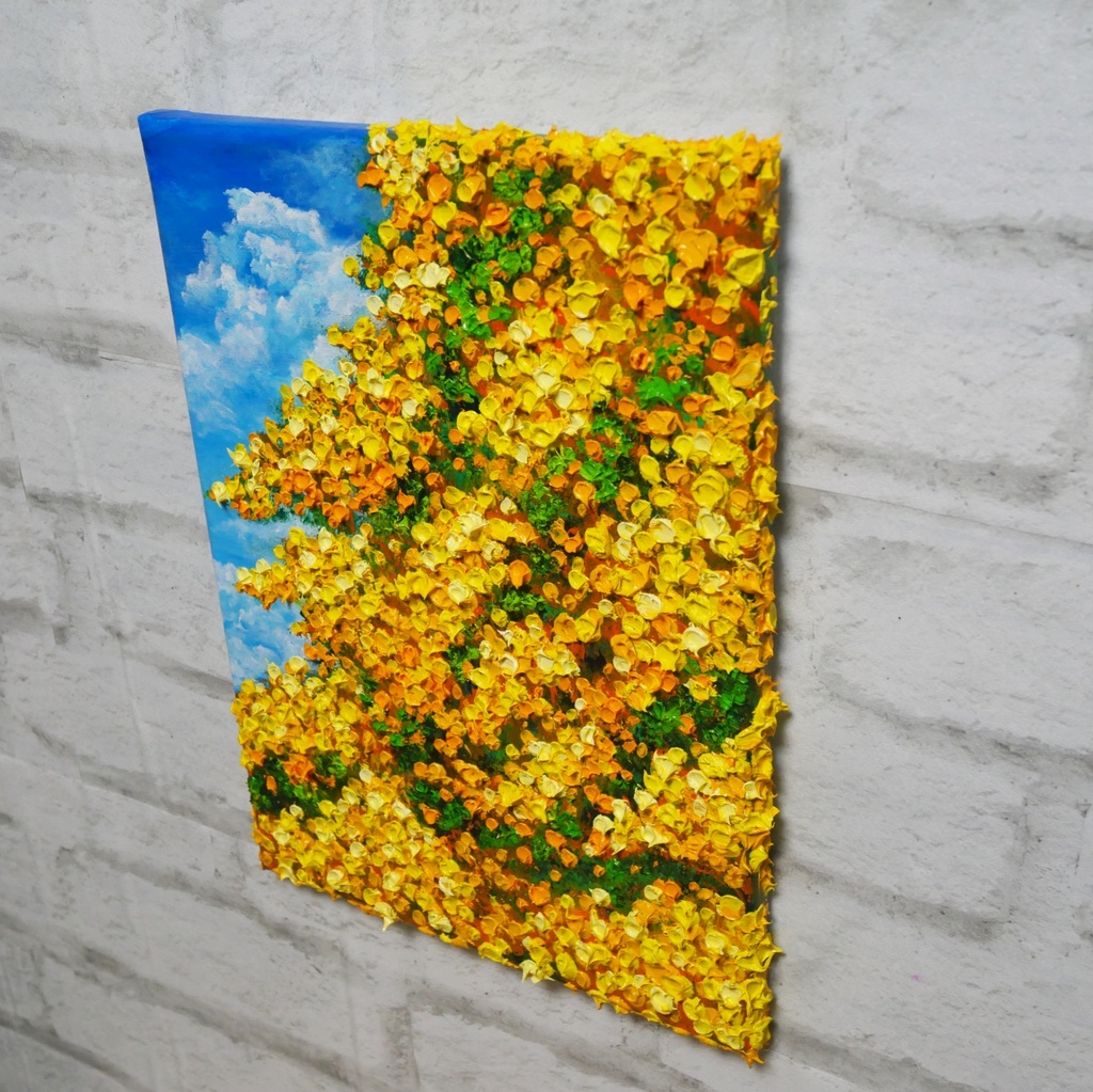 F4号油絵 原画【風とはずむミモザ】春を告げる黄色い花 |インテリア 絵画