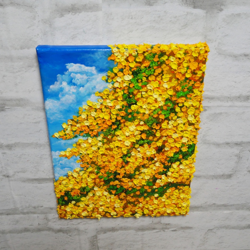F4号油絵 原画【風とはずむミモザ】春を告げる黄色い花 |インテリア 絵画