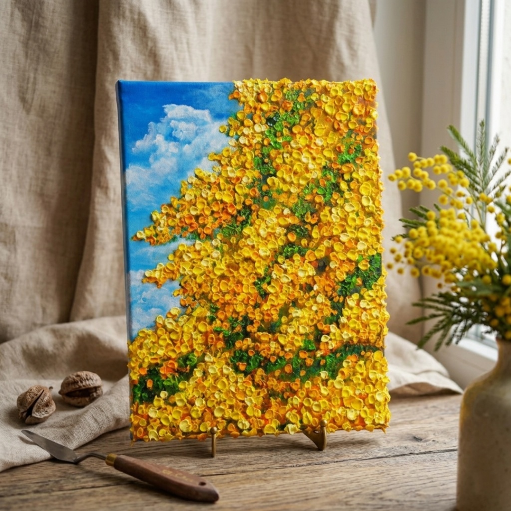 F4号油絵 原画【風とはずむミモザ】春を告げる黄色い花 |インテリア 絵画