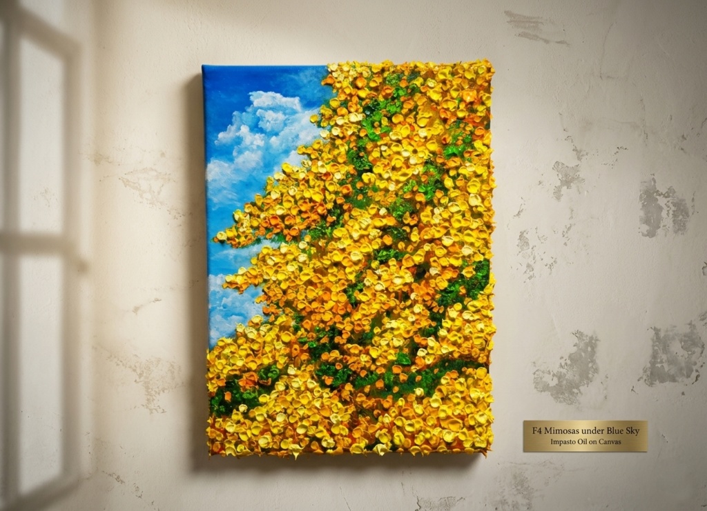 F4号油絵 原画【風とはずむミモザ】春を告げる黄色い花 |インテリア 絵画
