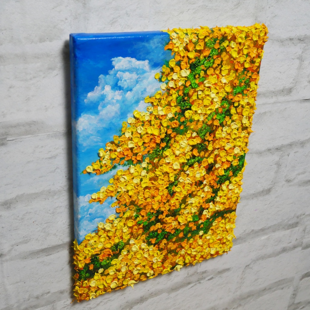 F4号油絵 原画【風とはずむミモザ】春を告げる黄色い花 |インテリア 絵画