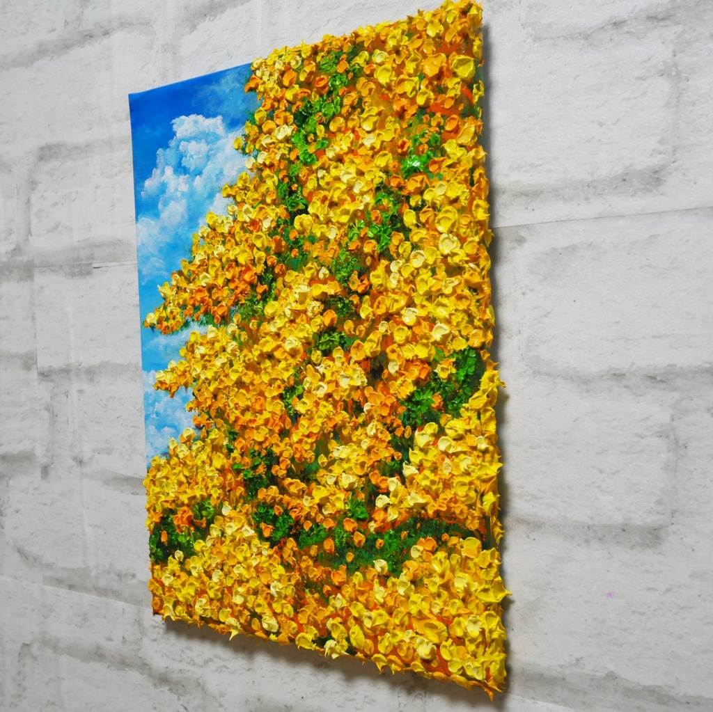 F4号油絵 原画【風とはずむミモザ】春を告げる黄色い花 |インテリア 絵画