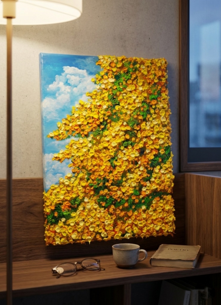 F4号油絵 原画【風とはずむミモザ】春を告げる黄色い花 |インテリア 絵画