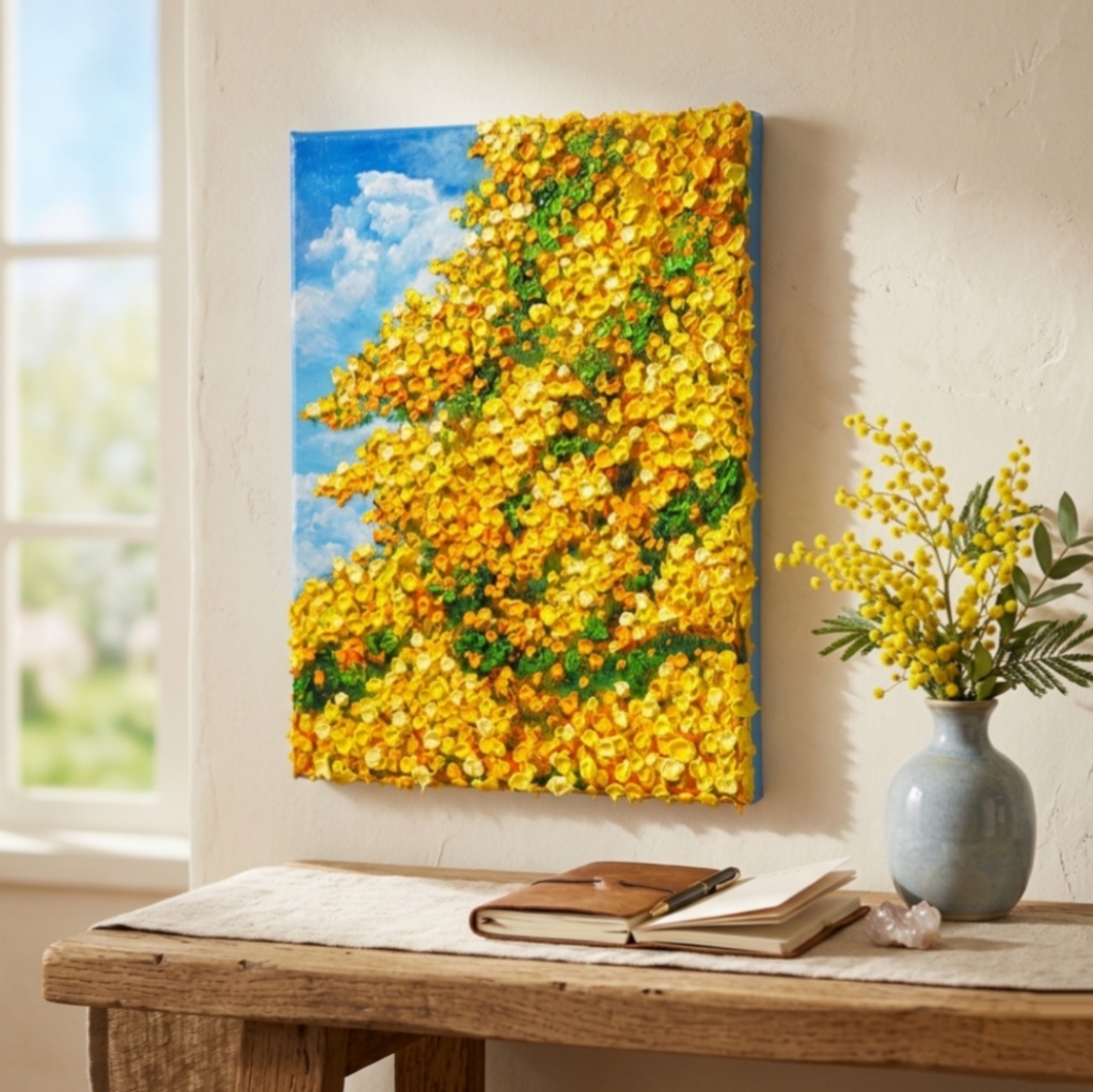 F4号油絵 原画【風とはずむミモザ】春を告げる黄色い花 |インテリア 絵画