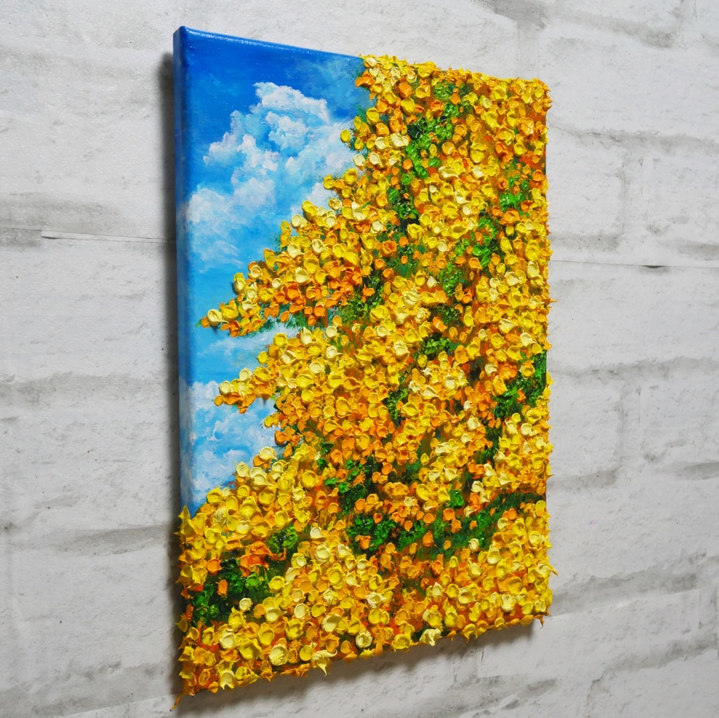 F4号油絵 原画【風とはずむミモザ】春を告げる黄色い花 |インテリア 絵画