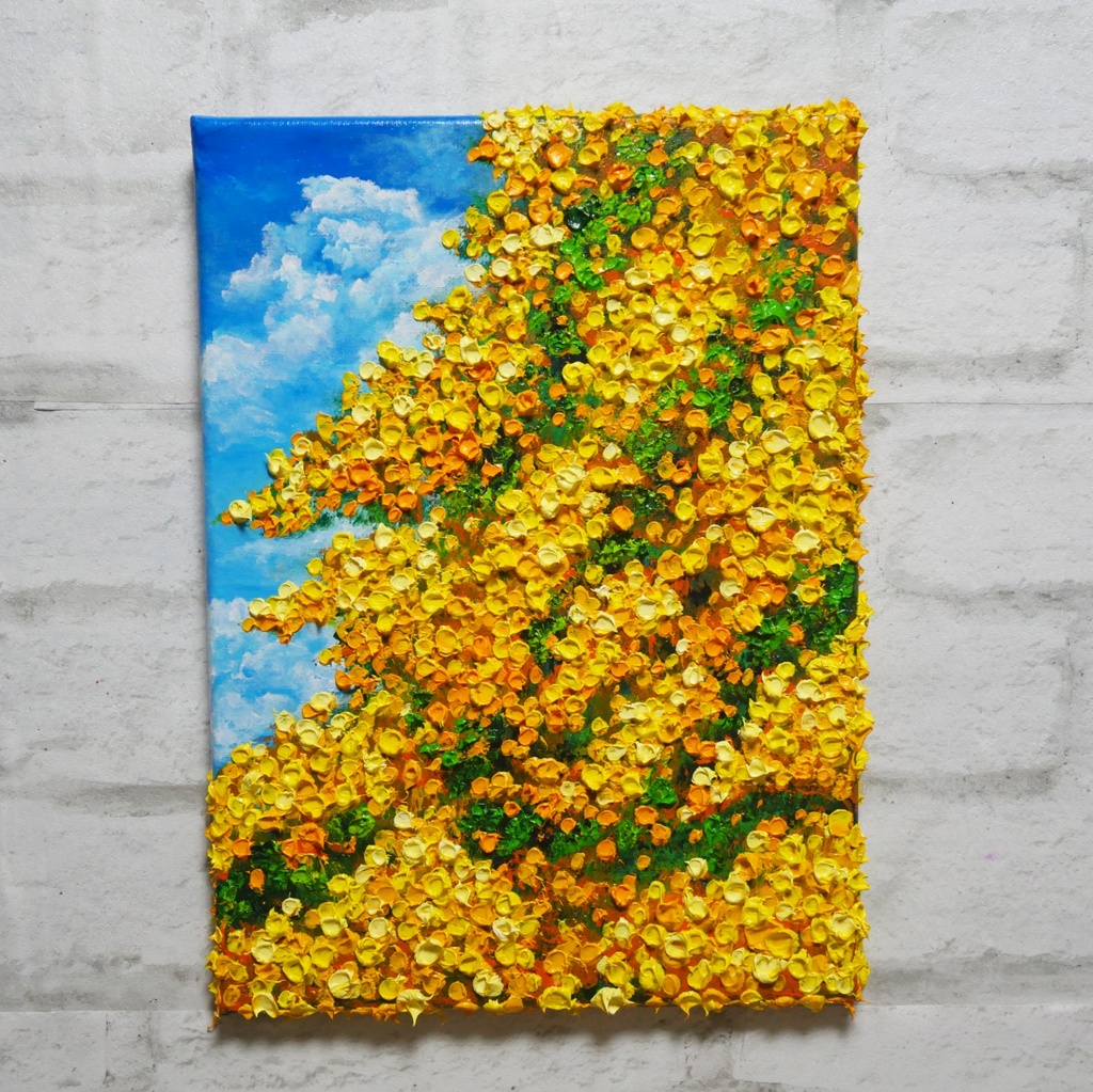 F4号油絵 原画【風とはずむミモザ】春を告げる黄色い花 |インテリア 絵画