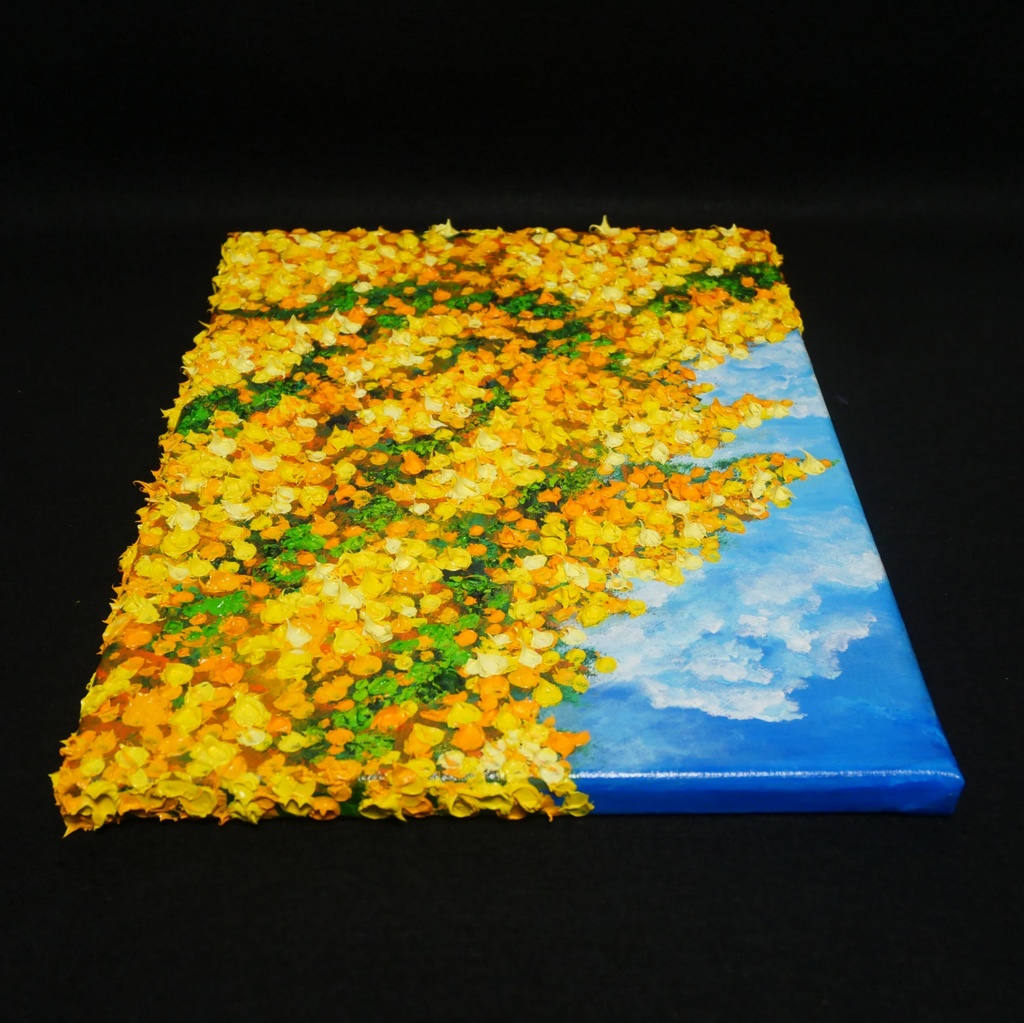 F4号油絵 原画【風とはずむミモザ】春を告げる黄色い花 |インテリア 絵画