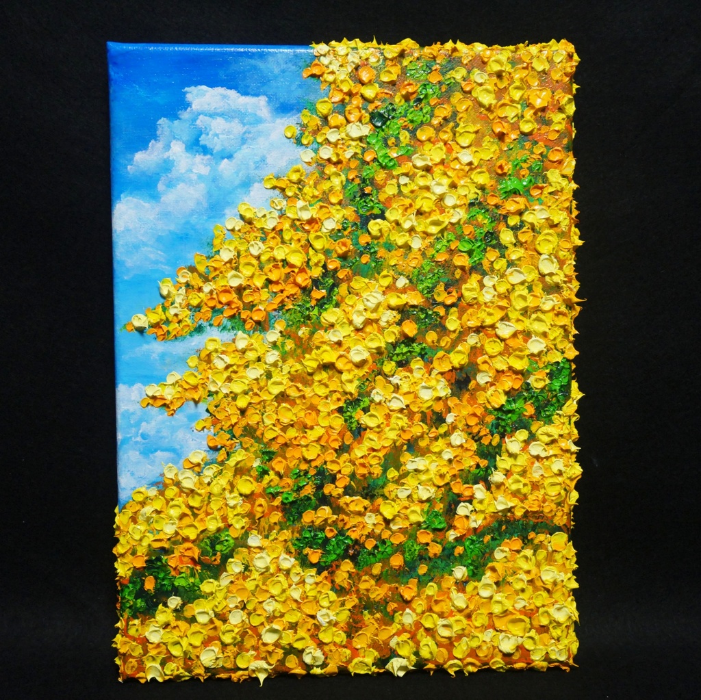 F4号油絵 原画【風とはずむミモザ】春を告げる黄色い花 |インテリア 絵画